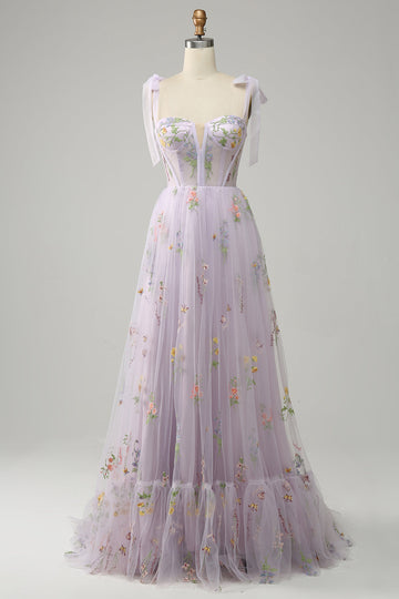 Lavender A Line Corset Long Ball Dress with Embroidered Floral